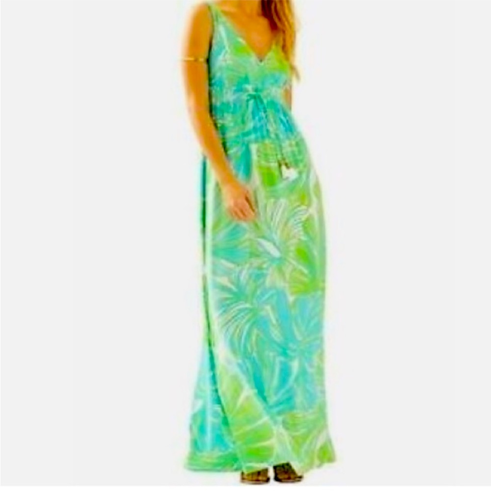 Lilly Pulitzer Aqua & Lime Palm-Print Maxi Dress